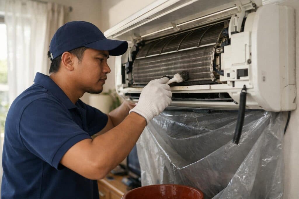 Technician cleaning the coil of a wall-mounted indoor unit during a maintenance visit