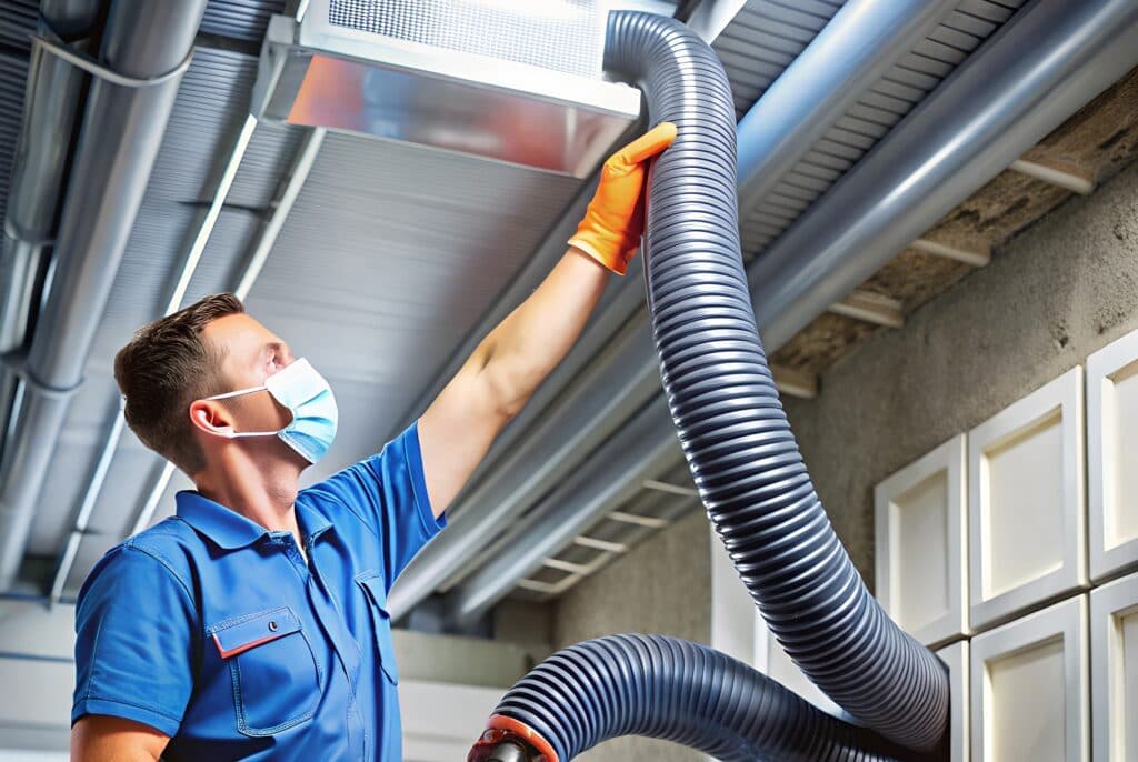Technician cleaning the inside of residential metal ductwork with a flexible hose