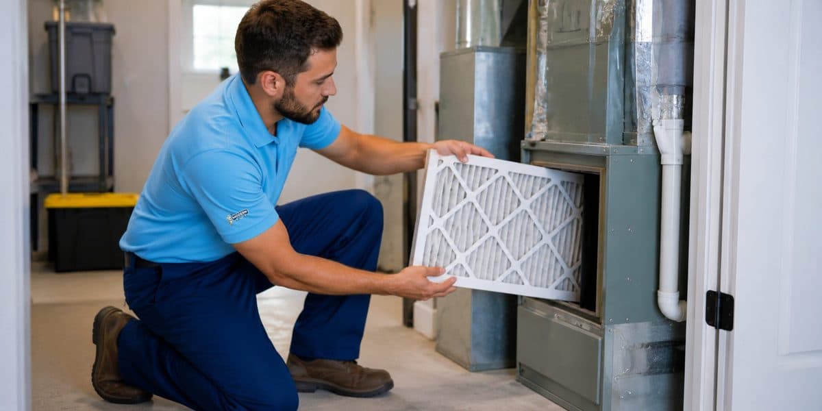 Technician holding a pleated air filter beside an indoor air handler during an HVAC maintenance tune-up